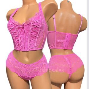 Victorias Secret Dream Angels Lace-up Corset Top Bra & Wide Side Thong Pink L